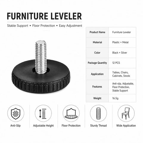 Heavy Duty Adjustable Furniture Levelers 12 Pack With Durable Rubber Anti Slip Bottoms, screw-on pad for stable furniture support.