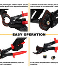 Ratcheting Cable Wire Cutter Heavy Duty Tool For Copper And Aluminum Wiring With Tough As Nails Grip Handles in use for cutting.
