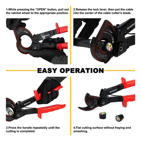 Ratcheting Cable Wire Cutter Heavy Duty Tool For Copper And Aluminum Wiring With Tough As Nails Grip Handles in use for cutting.