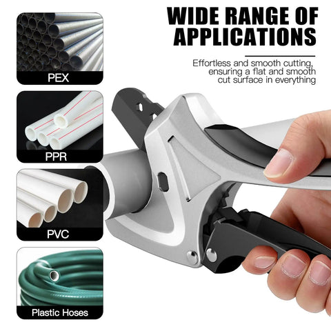 Ratcheting PVC Pipe Cutter With Soft Grip Handle, Cuts Up To 1-5/8 Inch (42mm), slicing through PVC pipe with ease.