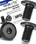 Fifty Count Pack Of 1/4-20 X 1/2 In Flat Head Socket Cap Screws Built Damn Tough With Rust Proof Coating For Kick Butt Garage Builds And Sweet Diy Fixes That Really Bring It Home. Image showing 1/4-20 x 1/2 screws and packaging.