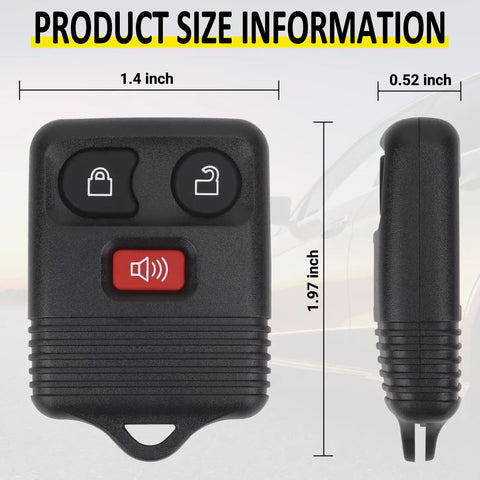 Keyless Entry Remote Key Fob For Ford F Series F150 F250 F350 Escape Expedition Explorer Ranger And More, 3 Button Replacement Pack Of 2, Easy Self Programming, Compatible With CWTWB1U331 CWTWB1U345 with size dimensions shown.
