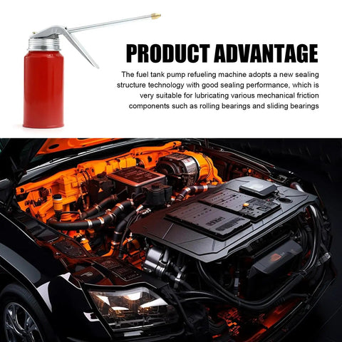 Top Shelf Cold Rolled Steel Hand Pump Oil Cans, 2 Pack Leak Proof 200 Milliliter Portable Grease Lubricator For Cars And Motorcycles, Runs Smooth As Butter Guaranteed with engine background.