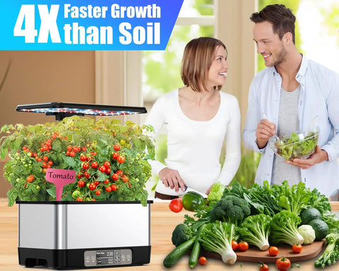 Smart WiFi Controlled Indoor Hydroponics Garden With Grow Light 8 Pod System Auto Timer Quiet Pump Stainless Steel Construction App Control For Easy No Fuss Home Gardening Perfect Gift For Women Moms Black with tomato plants and fresh veggies.