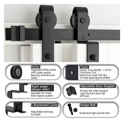 Barn Door Hardware Kit For Bypass Sliding Double Doors Heavy Duty J Shaped Roller Track System with close-up on rollers