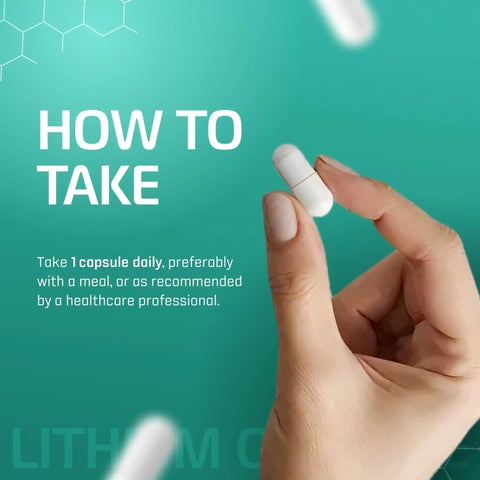 Hand holding a capsule from Lithium Orotate 5 Mg Brain Health Supplement For Focus And Clarity Mind Fuel bottle