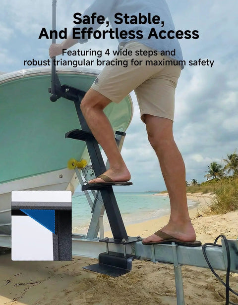 4 Step Boat Trailer Ladder With Handrail For Easy Bow Access, Heavy Duty Boarding Platform, Universal Fit For Bass Boats, Pontoon And Aluminum Trailers, Non Slip Treads, Rust Resistant, Black mounted on trailer