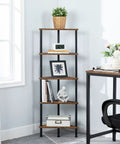 Built Different Five Tier Corner Shelf Stand, Industrial Bookcase with rustic brown shelves and black metal frame in a living space.