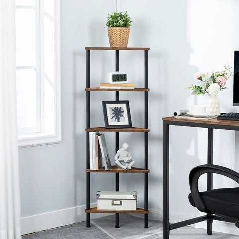 Built Different Five Tier Corner Shelf Stand, Industrial Bookcase with rustic brown shelves and black metal frame in a living space.