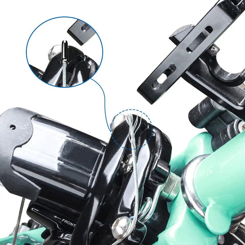 Close-up of bike cable with 48Pcs Bike Cable End Crimps Set for MTB and Road Bike, alloy cap on brake wire, prevents loosening.