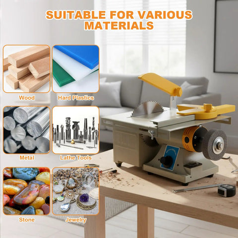 All In One Lapidary And Jewelry Polisher With 0 To 10000 RPM Benchtop Grinder on table, materials shown: wood, metal, stone, jewelry