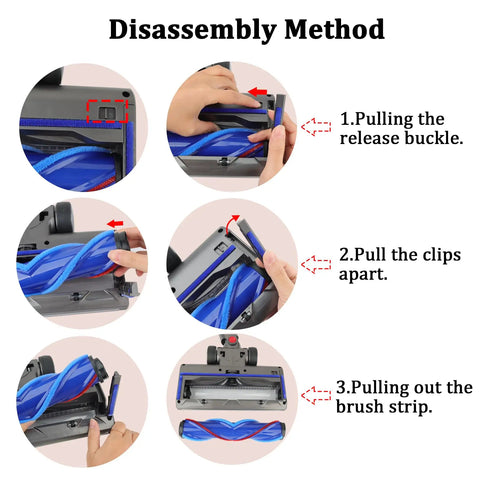 Replacement Cleaner Head Attachment For V6 Cordless Vacuum disassembly steps showing removal of V-shaped turbo brush.