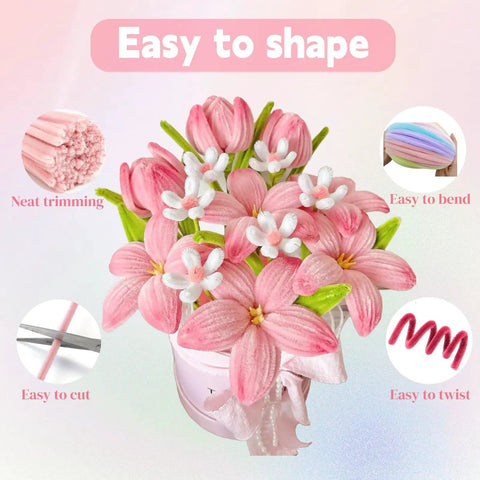 400 Pieces Pipe Cleaners Craft Set With Four Assorted Pink Fluffy Chenille Stems For DIY Flower Making Kit, Floral Wires, Stamen, Ribbon, Gardening Tape, Glue Stick, Instruction Manual, And Gift Packaging For Creative Decor. Pink chenille flower bouquet with easy to shape stems