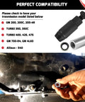 Transmission Shifter Seal Remover And Installer Tool DIY Friendly For Turbo 300 350 400 700-R4 4L60 200-4R 200C 350C 425 475 Includes Replacement Seal Kit And Guide For Quick Safe Seal Removal And Installation. Black and silver seal remover kit with replacement seal on a transmission case
