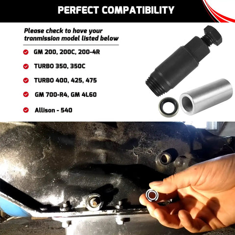 Transmission Shifter Seal Remover And Installer Tool DIY Friendly For Turbo 300 350 400 700-R4 4L60 200-4R 200C 350C 425 475 Includes Replacement Seal Kit And Guide For Quick Safe Seal Removal And Installation. Black and silver seal remover kit with replacement seal on a transmission case
