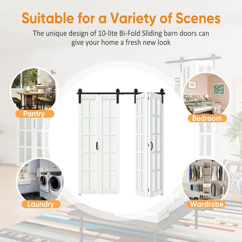 Bi-Fold Sliding Barn Door Kit With 10 Lite Frosted Glass Panels, 60 Inch Wide By 84 Inch Tall, white finish, pantry, bedroom, laundry, wardrobe scenes.