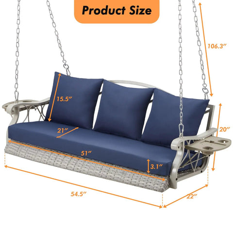 Heavy Duty 900 Lbs Porch Swing Chair For Three Folks Outdoor Rattan Patio Lounge With Cup Holder And Steel Chains Wicker Hanging Bench