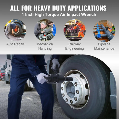 Rugged Pro-Level 1 Inch Pneumatic Impact Wrench Serving Hefty 2730 Ft Lbs Reverse Torque used for tire work on trucks in auto repair.