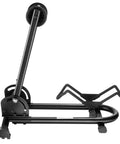 Side view of a Foldable Bike Rack Floor Stand For Easy No Hassle Bike Storage Fits 20mm To Two Point Four Inch Wide Tires on black steel