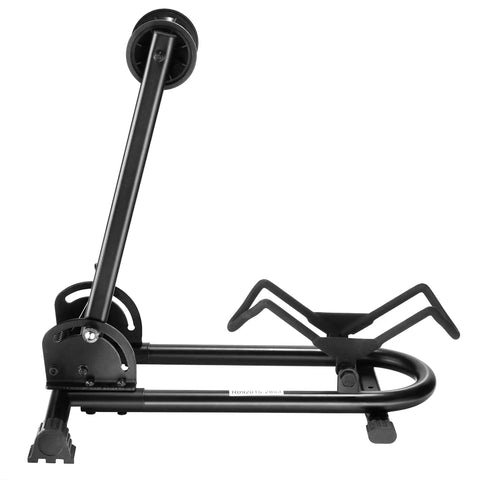 Side view of a Foldable Bike Rack Floor Stand For Easy No Hassle Bike Storage Fits 20mm To Two Point Four Inch Wide Tires on black steel