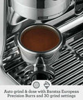 Close-up of portafilter on Barista Pro Espresso Machine With Built-In Grinder And 4 Keys Formula and dose control grinding
