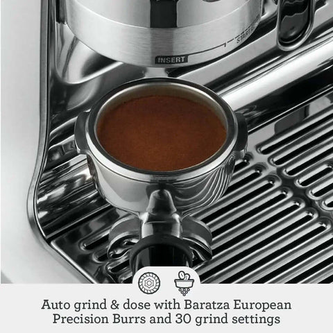 Close-up of portafilter on Barista Pro Espresso Machine With Built-In Grinder And 4 Keys Formula and dose control grinding