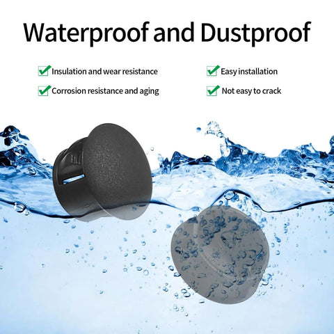 Round Black Plastic Hole Plugs Kit, 180 Pcs shown underwater highlighting waterproof and dustproof features.