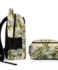 Side view of Soft Shadow Neutral Plant Print Unisex Backpack Large Capacity For Everyday Carry Durable Polyester Daypack With Breathable Fabric Sturdy Zipper Versatile Casual Bag For School Work Travel