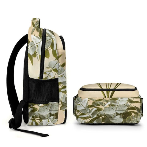 Side view of Soft Shadow Neutral Plant Print Unisex Backpack Large Capacity For Everyday Carry Durable Polyester Daypack With Breathable Fabric Sturdy Zipper Versatile Casual Bag For School Work Travel