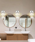 Image of a bathroom with two round mirrors and three Four Light Chrome Crystal Vanity Light Over Mirror For Bathroom fixtures.
