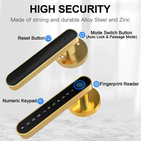 Fingerprint Door Lock With Keypad Handle And App Unlock Keyless Entry Biometric Smart Door Knob For Bedroom Hotel And Apartment Digital Lock In Gold Finish
