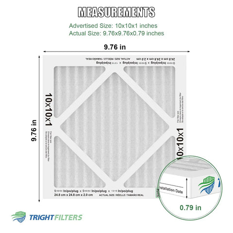 10x10x1 Air Filter 6 Pack, Durable MERV 8 Pleated HVAC Replacement with measurements and close-up of pleats