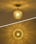 Top Shelf Amber Glass Pendant Light With Vintage Gold Trim For Kitchen Island And Dining Area Height Adjustable Cord fits dimmable E26 bulbs viewed from below and side angle.