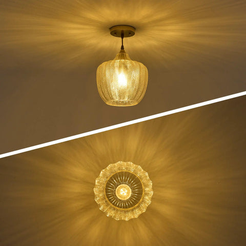 Top Shelf Amber Glass Pendant Light With Vintage Gold Trim For Kitchen Island And Dining Area Height Adjustable Cord fits dimmable E26 bulbs viewed from below and side angle.