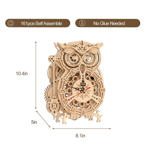 Owl 3D Wooden Puzzle Clock Kit For Adults And Kids Desk Clock Model For Home Decor With Mechanical Quartz Movement Silent Timekeeping Built In Timer No Glue Needed Battery Powered AA Not Included An Awesome Gift For Birthday Or Christmas. 10.4in wooden owl desk clock