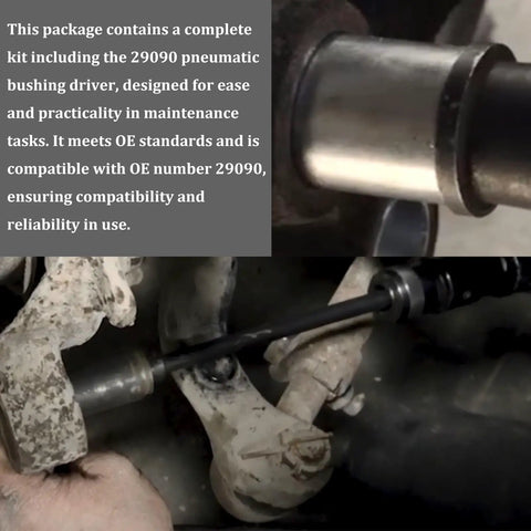 Beefed-Up Pneumatic Anchor Pin Bushing Driver Tool Kit 1-3/8 Inch For Trucks And Trailers, Quick Removal And Installation Of Stuck Pins, Heavy-Duty Brake System Maintenance, Fast Work And Repairs. Pneumatic driver in use on truck brake bushing