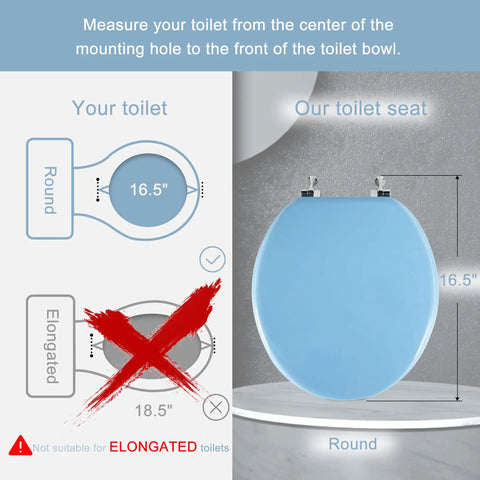 Blue Round Toilet Seat With Zinc Alloy Hinges, No Fuss Easy Install And Clean, Scratch Resistant Natural Wood Finish