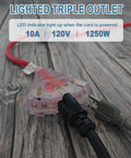 Close-up of lighted triple outlet on 50 ft retractable cord reel with 14 AWG SJTOW power. UL listed for garage and workshop use.