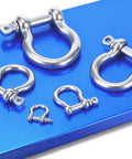 Badass 304 Stainless Steel Marine Shackle With Screw Pin for Tough Boat Rigging mooring display of four sizes on blue background.