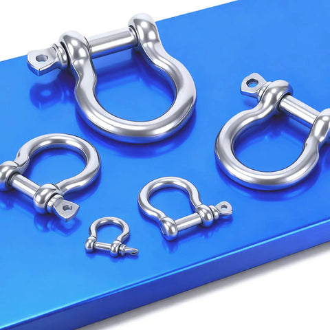 Badass 304 Stainless Steel Marine Shackle With Screw Pin for Tough Boat Rigging mooring display of four sizes on blue background.