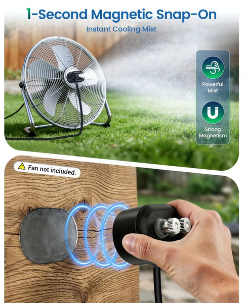 Portable Magnetic Misting System With 6000mAh Rechargeable Pump and 2 Nozzles for easy attachment to fans and metal surfaces.