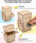 Four Model STEM Kit Set For Kids Ages 8 13 with wooden coin bank toy showing coin slot and smiling face design.