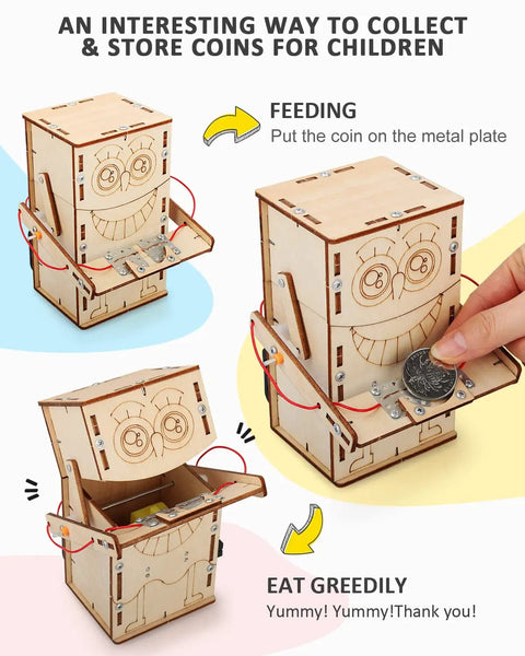 Four Model STEM Kit Set For Kids Ages 8 13 with wooden coin bank toy showing coin slot and smiling face design.