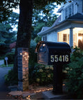 Mailbox at night displaying 3 Inch Reflective Number Stickers 0 To 9 Set, All Weather Waterproof Vinyl Self Adhesive, 6 Sheets, Extra Bright Visibility Beefed Up For Outdoor Signs, Mailbox Addresses, Cars, Helmets, Windows And Safety Labels.