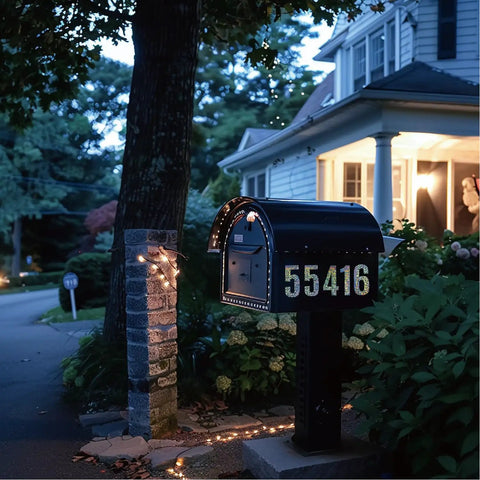 Mailbox at night displaying 3 Inch Reflective Number Stickers 0 To 9 Set, All Weather Waterproof Vinyl Self Adhesive, 6 Sheets, Extra Bright Visibility Beefed Up For Outdoor Signs, Mailbox Addresses, Cars, Helmets, Windows And Safety Labels.