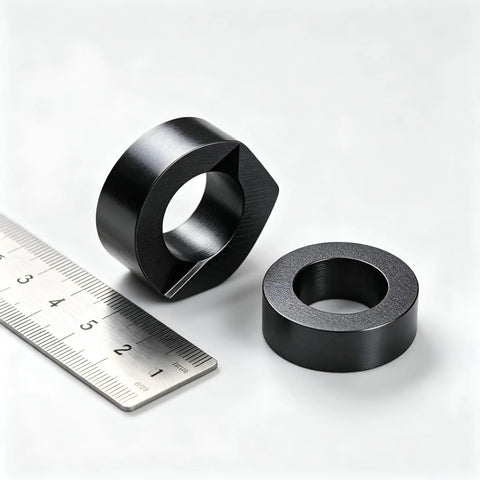 20 Pack 3/8 Inch Black Cable Railing Angle Washers T316 Marine Grade Stainless Steel Rock Solid 30 Degree Beveled Brackets Pro Team Gear For Sloped Stairs And Rugged Deck Installations Top Shelf Alignment Slick Finish in black with ruler for size comparison.