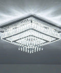 16 Inch LED Chandelier Square Crystal Flush Mount Ceiling Light Fixture with Two Tier Crystal Rings and Raindrops