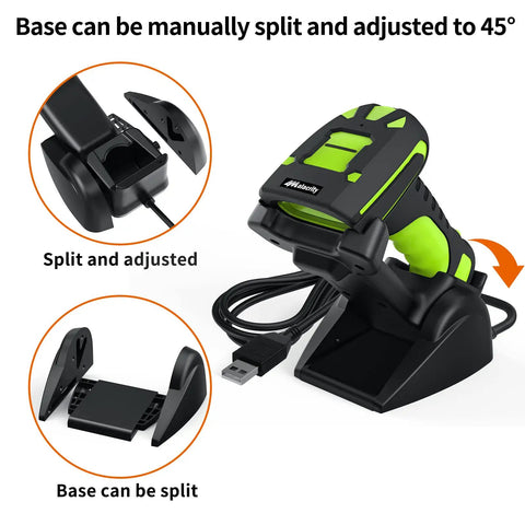 Built Tough Rugged 2D Wireless Barcode Scanner With Charging Dock Bluetooth Drop Resistant Industrial Scanner For QR And 1D Codes Long Range Transmission Up To 1968 Feet 433MHz with adjustable base