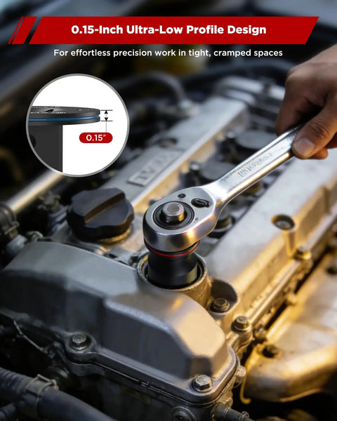 Low Profile Impact Socket Adapter Set With Color Coded Cr-Mo Drive Adapters From 1/4 To 1 Inch used on engine bolt.