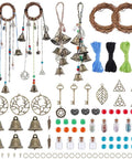 108 Piece DIY Witch Bell Kit For Protection And Home Decor with antique boho charms, wooden hoops, yarn, beads, and bells.
